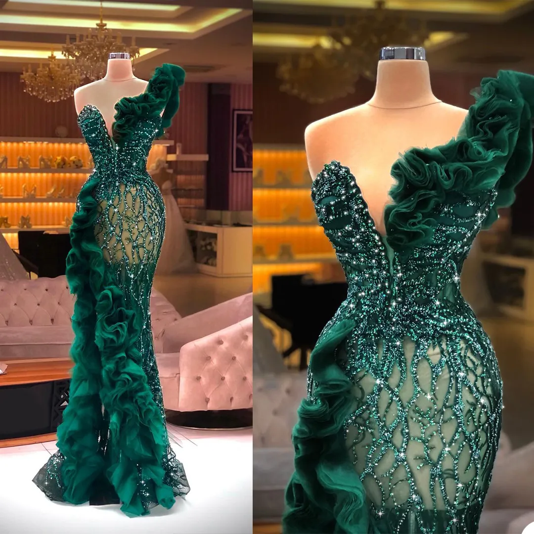 Luxury Beading Mermaid Prom Dresses Sparkly Green One Shoulder Tiered Skirts Evening Gowns Side Split Crystal Party Club Wear Outfit