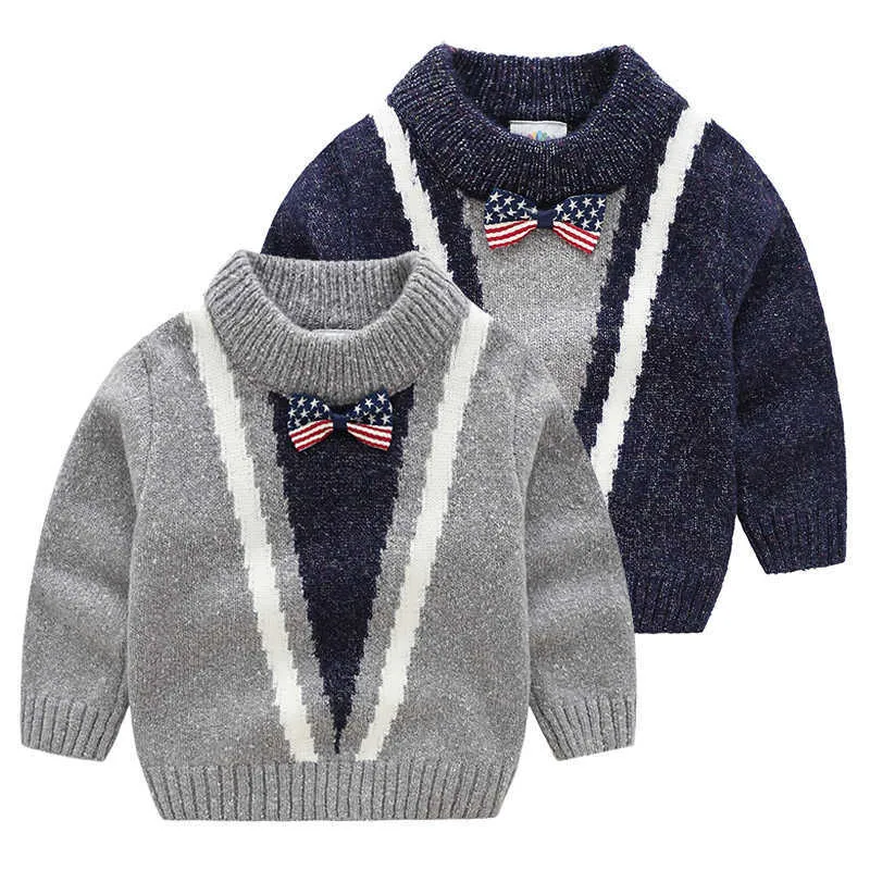 Vår höst vinter 3 4 6 8 10 11 12 år England stil stickad båge försiktigt stiliga pullover tröjor för baby barn pojkar 210529