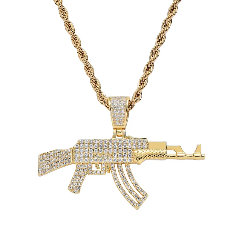 HIP HOP AAA + CUBIC ZIRCONIA Setting Bling ICE OUT CS GO AK 47 Pistool Hangers Ketting Voor Mannen CZ Rapper Sieraden Goud Zilverkleur X0509