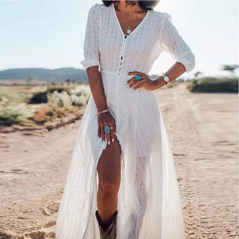 Summer Sundress Boho Women Maxi Half Sleeve White... From Bai03, $22.45