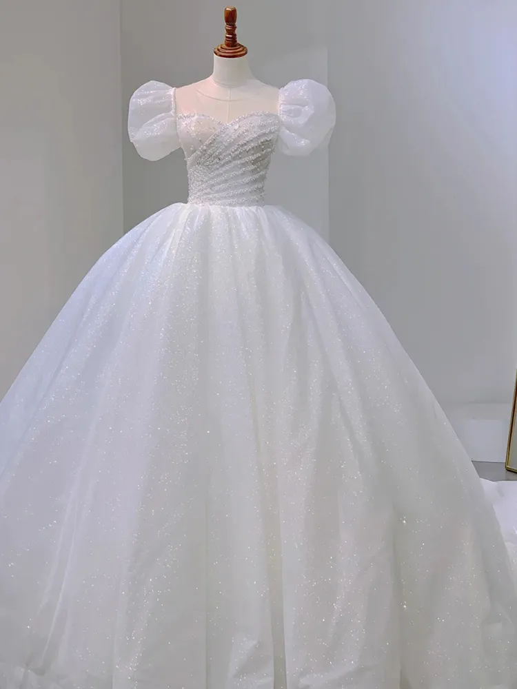 Robe de mariée de luxe à paillettes blanches, avec perles, manches courtes bouffantes, nœud au dos, longue princesse, plis, 2021