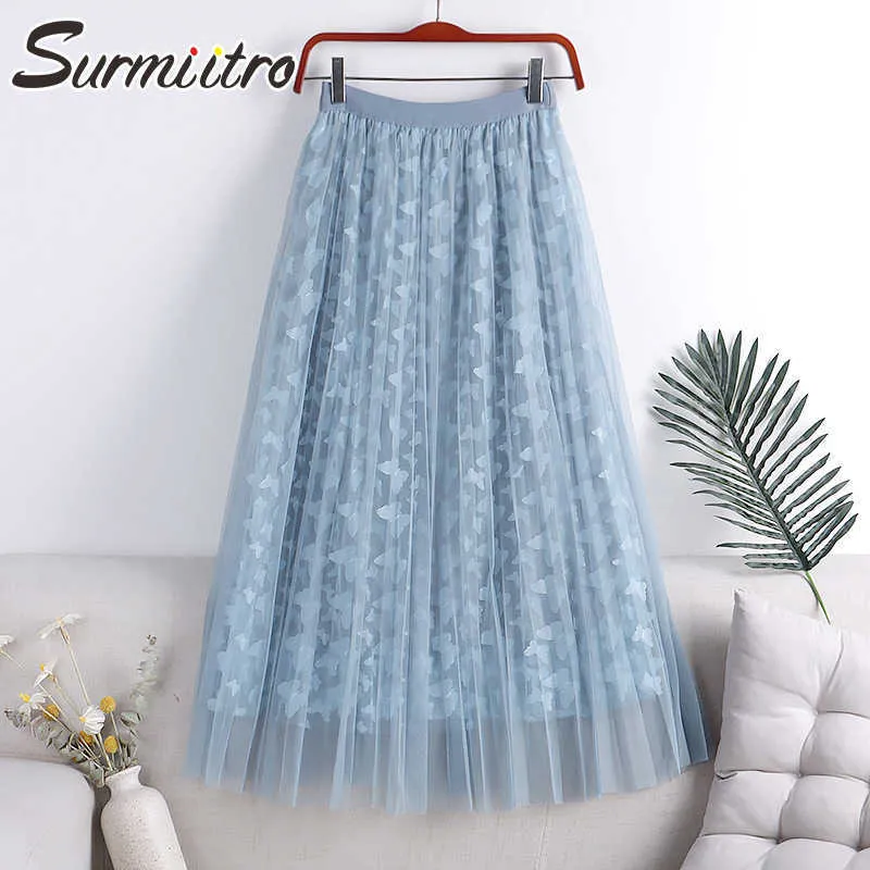 Surmiitro Летняя мода MIDI длинный тюль юбка женщин корейский стиль синий аппликация высокая талия средняя длина плиссированная юбка женщина 210712