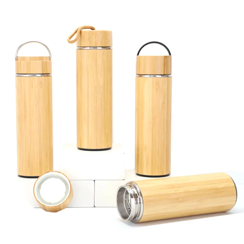 Bicchieri di bambù da 450 ml Boccetta per vuoto portatile in acciaio inossidabile Thermos Tazza Bottiglia d'acqua per uso domestico Bollitore da esterno