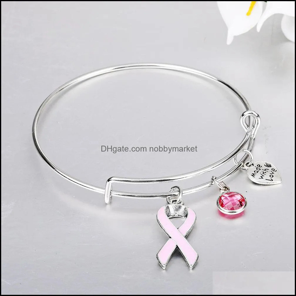 2019 Women Pink Ribbon Charm Bracelets For Female Breast Cancer awareness Extendable Silver Wire Bangle Nursing Survivor Jewelry Gift