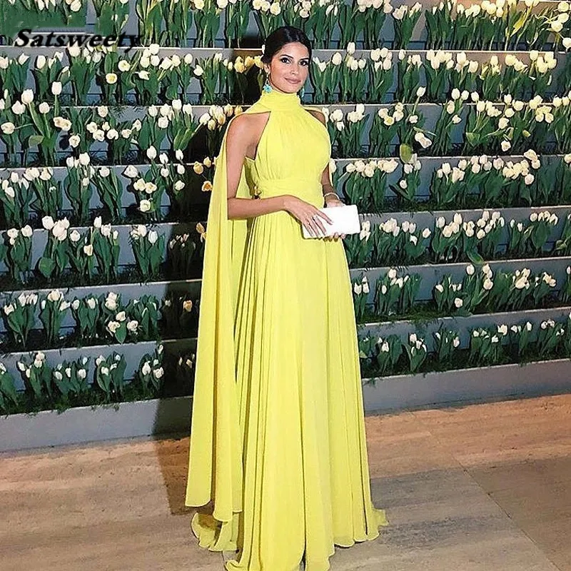 Abendkleider Dubai Formal Prom Dress Women Elegant Chiffon Ruched High Neck Cape Yellow Evening Gowns 2021 Vestido Longo Festa