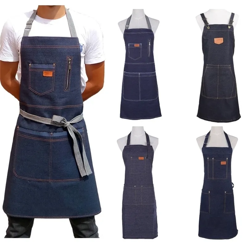 Fashion Denim Apron for Chef Kitchen BBQ with Pockets Grill Baking Cooking Aprons For Men Coffee Shop and Studio Overalls 210629