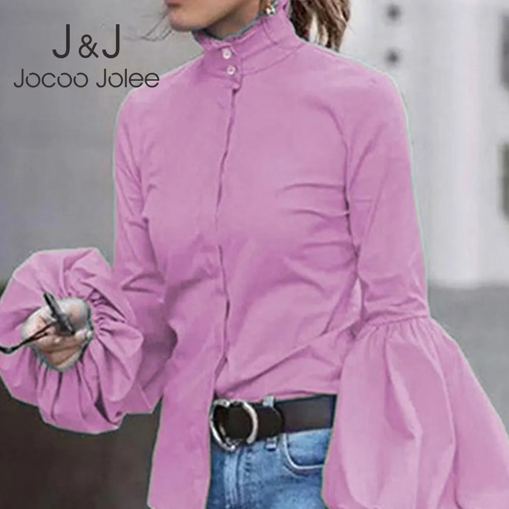 Joco jole kvinnor casual lykta ärm slim blus hög gata kvalitet turtleneck elegant tröja plus storlek tunika toppar 210518