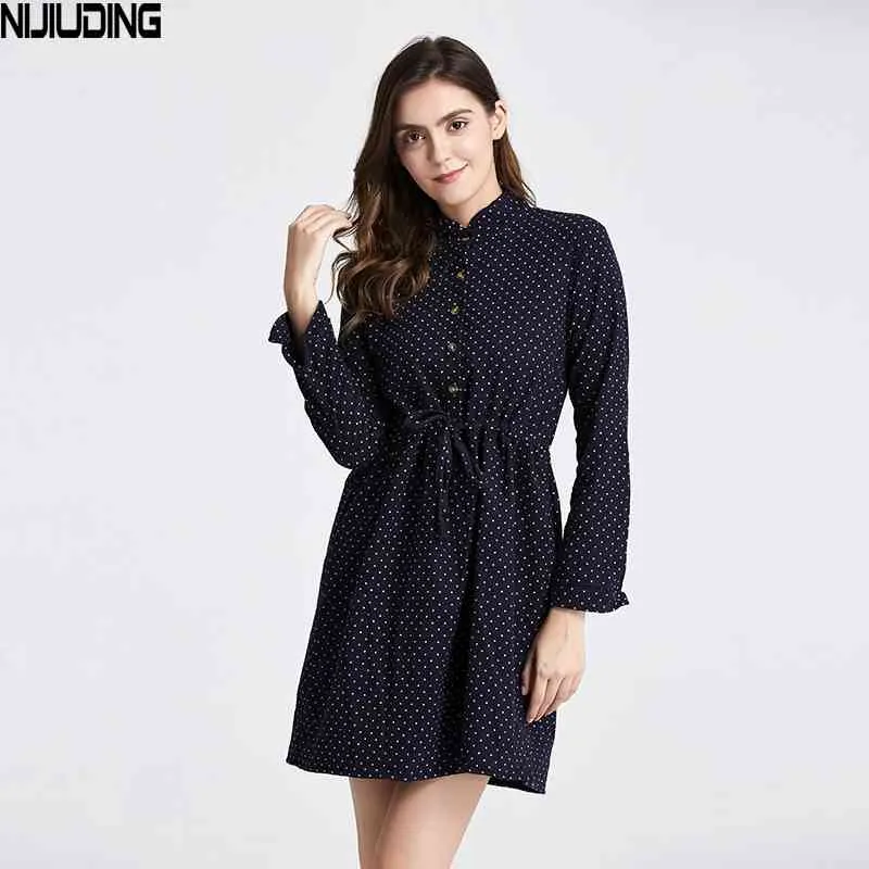 Fashion Women Causal polka dot Dress Medium-long Stand Collar Slim Elastc Waist A Line Drop 210514