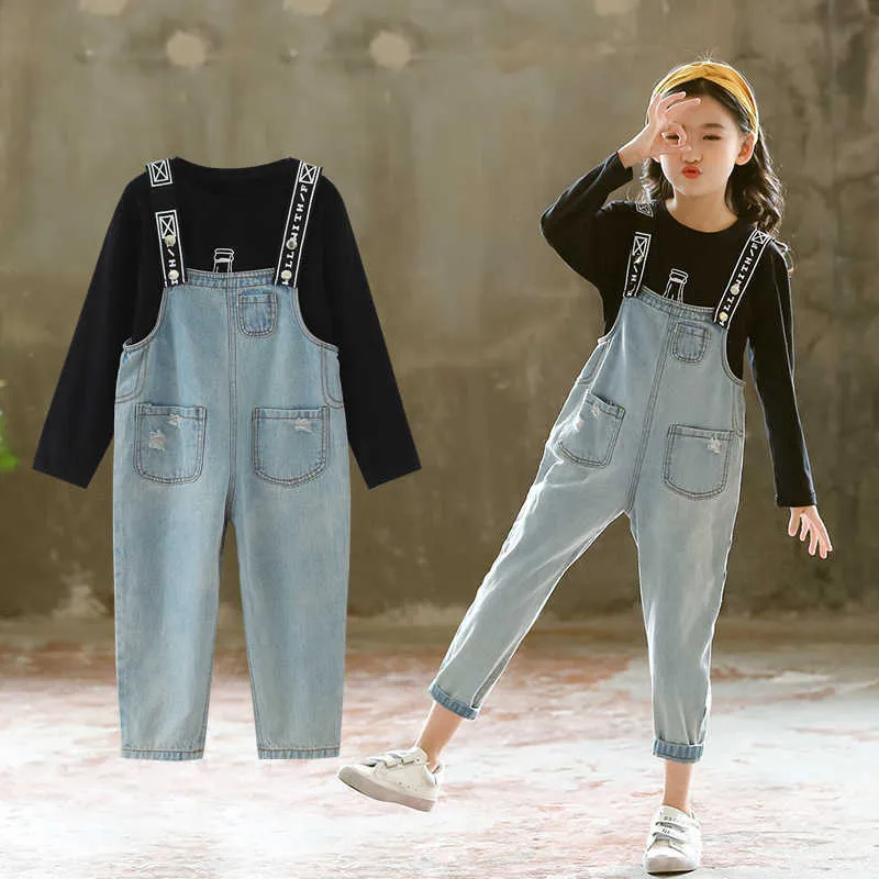 Fjäderbarn kläder sätter flicka för 6 8 9 10 12 år tjejer t-shirt + denim overalls kostym höst tonåring barnkläder tracksuits x0902