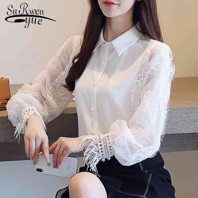 Chemisier en mousseline de soie chemise à manches longues femmes solide blanc col rabattu OL Blous mode femme Blouses Blusas 1145 40 210521