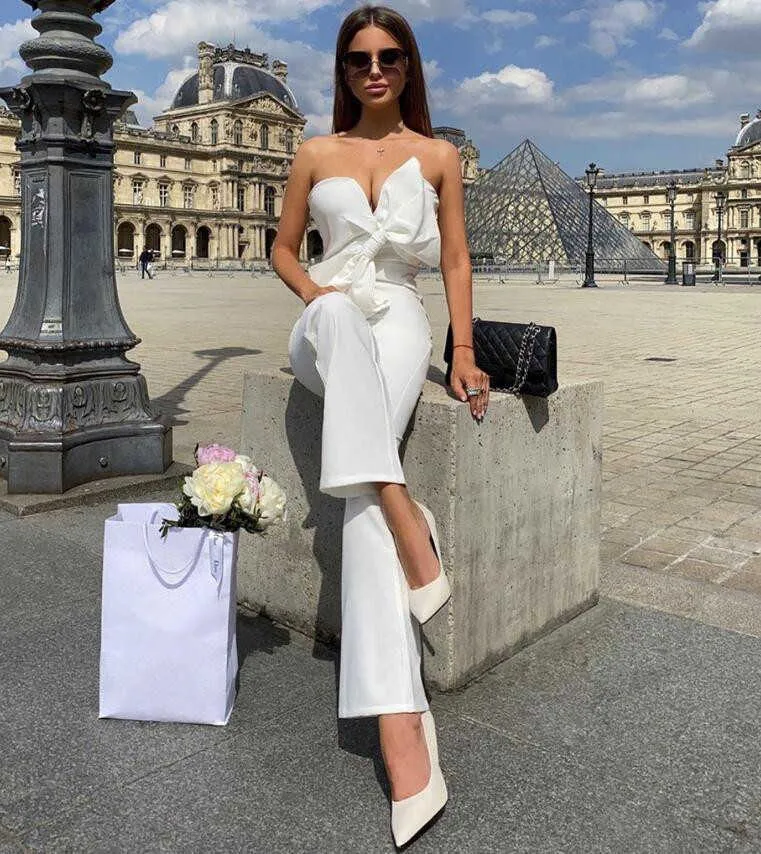 Vrouwen Sexy Designer Strapless Zwart Katoen Jumpsuit Bodycon High Street Celebrity Party Rompertjes 210527