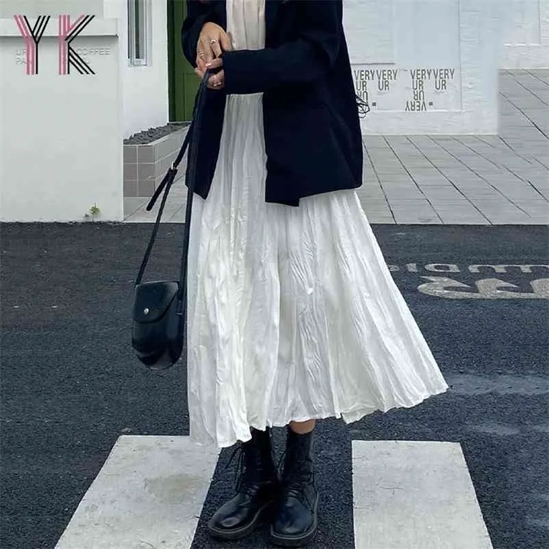 Autumn Winter Women Boho Long Skirts High Waist Ruffles White Pleated Jupe Femme Spring Skirt Saia Midi Faldas 210621