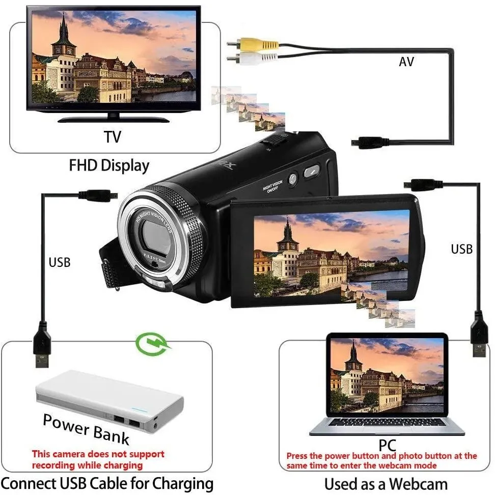 V12 vlog Video Camera Digital Home Camcorder Filmadora1080p HD Night Vision för YouTube Blogger Fotografiska
