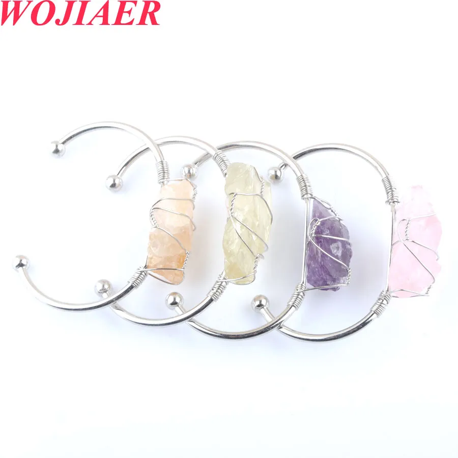 Wojiaer Natural Stone Banky Draht Wrap Unregelmäßige Kristallquarz Öffnung Manschettenarmbänder für Frauen Mädchen Kinder Schmuck Bo938