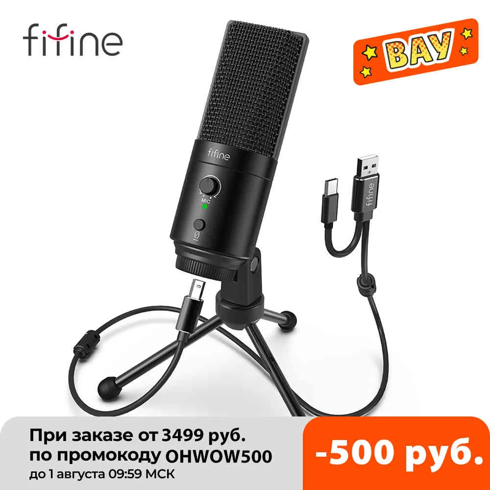 FiFine 192KHz / 24bit usbtype-c Microfone com botão mudo Controle de ganho Condensador PC Mic Cardioid Studio Recording-K683A