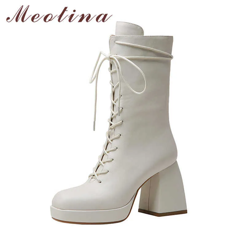 Meotina Real Leather Platform Super High Heel Mid Calf Boots Woman Shoes Square Toe Zip Cross Tied Block Heel Lady Boots Beige 210608