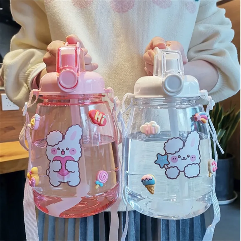 1300 ML Large Capacity Outdoor Sports Water Bottle With Straw Strap Creative Cute Sticker Portable Plastic Kids Sippy Cup 220217