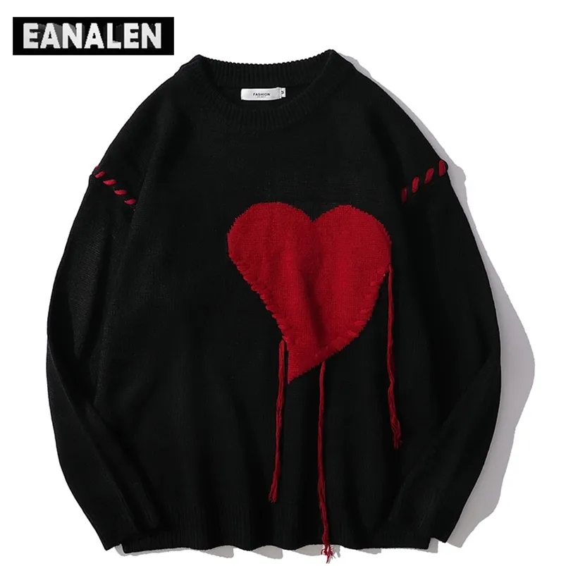 Harajuku любовь узор вязаный уродливый свитер мужчины письмо панк-рок черный красный готический винтажный свитер для дедушки женский милый пуловер 220108