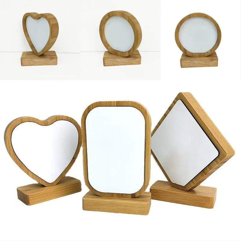 Bamboos Sublimation Blank Photo Frame With Base DIY Double Sided Wood Love Heart Round Frames Magnetism Picture Painting Decoration 13bd G2