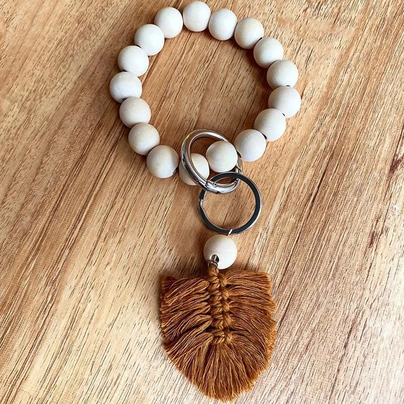 Party Wooden Bead Bracelet Keychain Pure Wood Color Car Chain Cotton Tassel Keyring with Alloy Ring Wood Beaded Decoration Pendant