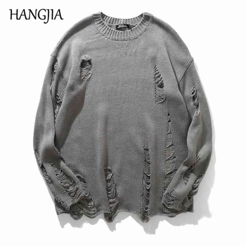 Wash Hole Ripped Knit Sweaters Men Women Streetwear Hip Hop Pullovers Jumper Fashion Oversized All-match Men Winter Clothes 210909