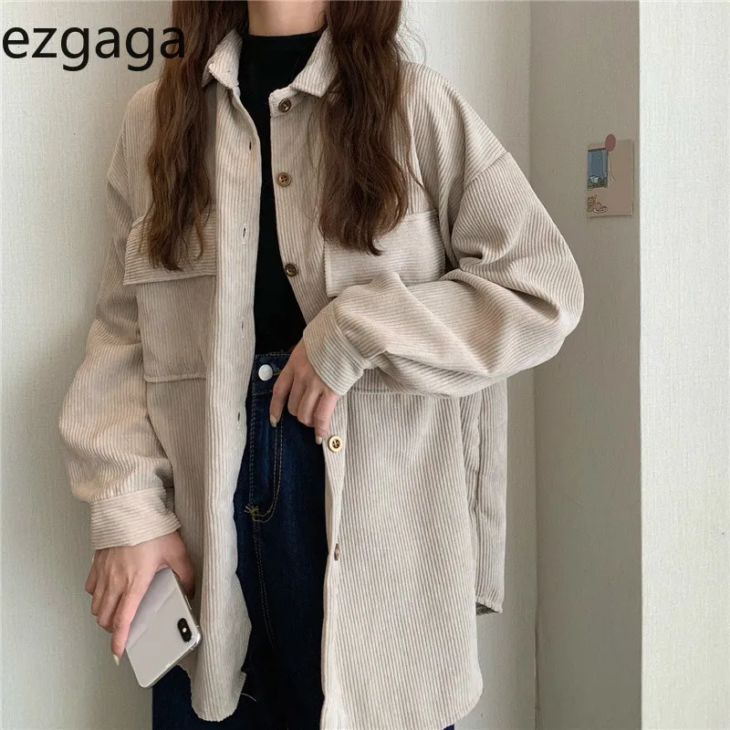 Ezgaga Corduroyヴィンテージシャツ女性春韓国人ターンダウンカラーカジュアルシャツ緩いソリッドポケット抜け出しのファッションBlusas 210430