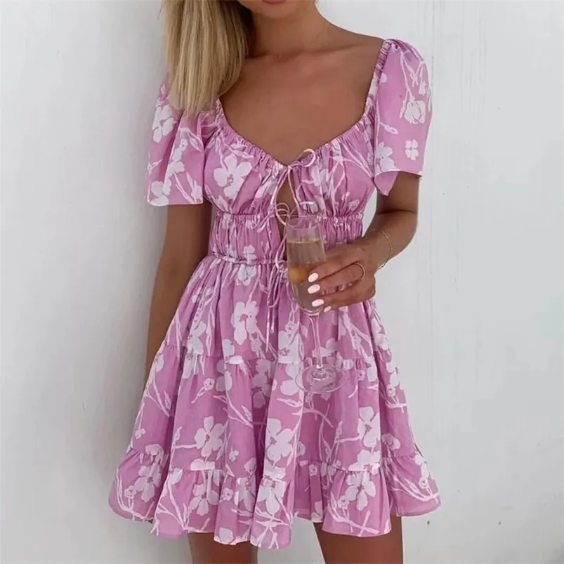 Stampa floreale Summer Boho Beach Dress Donne Donne V Collo a V Casual A-Line Mini manica corta Vestidos de Mujer 210427