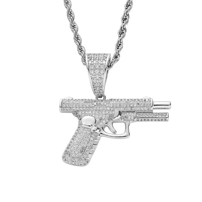 Halsband hänge halsband hip hop zirkon sten asfalterad bling isad ut automatisk pistolpistol hängen halsband för män rappare smycken guld sil