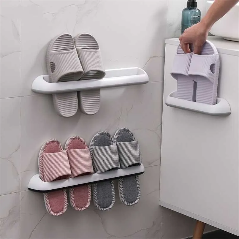 Bathroom Slippers Rack Wall-Mounted Plastic Shoe Storage Simple Daily Double 211112