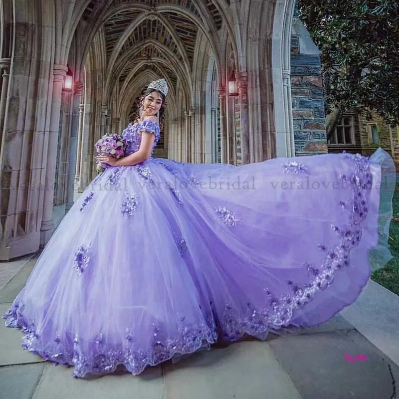 vestidos de xvaños2021 Lilac Quinceaneraドレスオフショルダービーズスウィート15ボールガウンウエディングドレスクラストバック