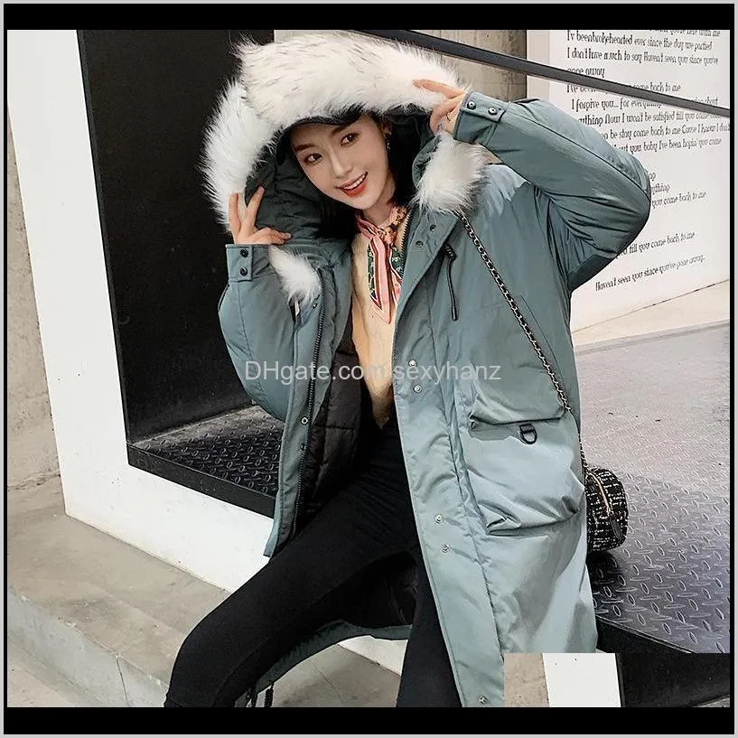 new down jacket female 2021 long section parker wind korean version loose large size long sleeve hooded woolen cotton coat