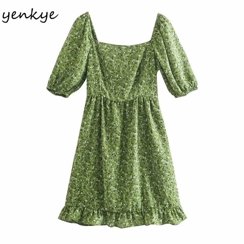 Yeşil Çiçek Baskı Elbise Kadınlar Seksi Kare Boyun Puf Kollu A-Line Kısa Kadın Tatil Yaz Vestido 210514