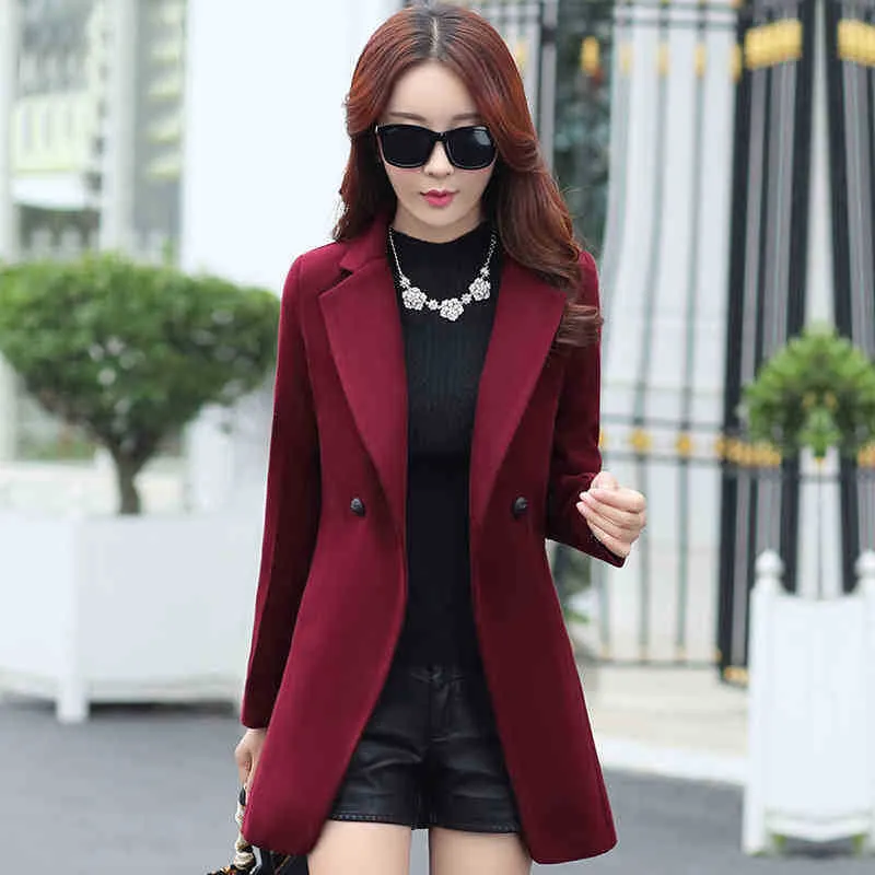 Women Wool Blend Warm Long Coat Plus Size Female Slim Fit Lapel Woolen Overcoat Autumn Winter Cashmere Outerwear Korean 661G 210420