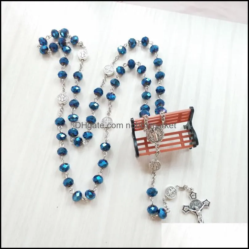 Catholic Jewelry Long Cross Crystal Rosary Necklace