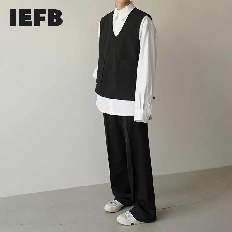 IEFB Spring V-neck Vest Korean Fashion Loose Sleeveless Sweatshirt Fabric Waistcoat Men's Tops Causal Clothes 9Y5674 210524