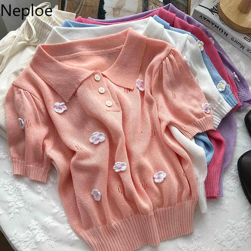 Neploe Women Clothing Summer Turn Down Collar Button Tees Gentle 3D Flowers Short-sleeve Tshirts Thin Cropped Knitted Shirt Top 210422