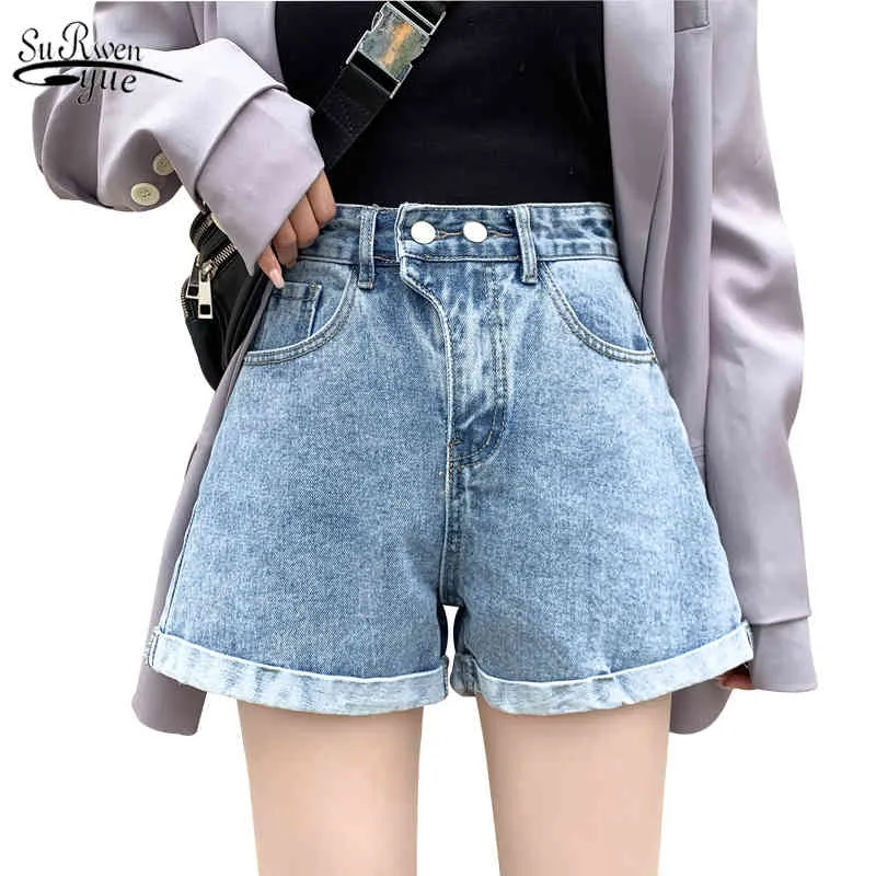 Dames denim shorts klassieke cauele zomer dames jeans voor vrouwen vintage hoge taille blauw brede been vrouwelijke 9517 210521