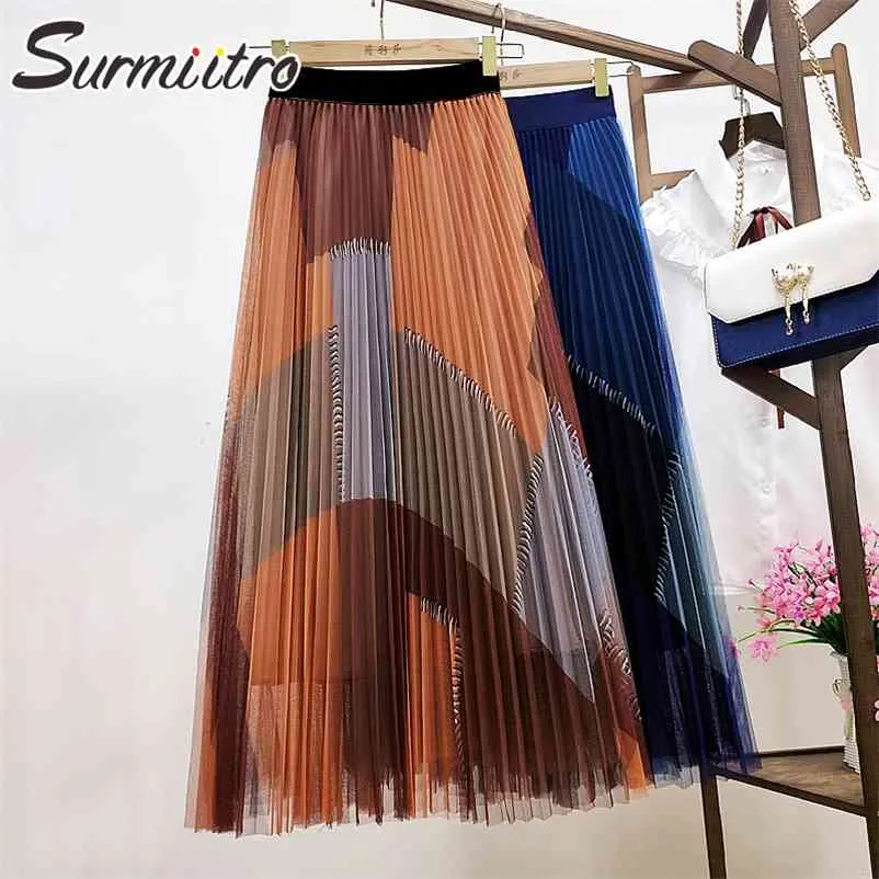 Vår sommar lång tulle kjol kvinnor koreanska stil färger mesh patchwork hög midja sol pläterad midi kvinnlig 210421