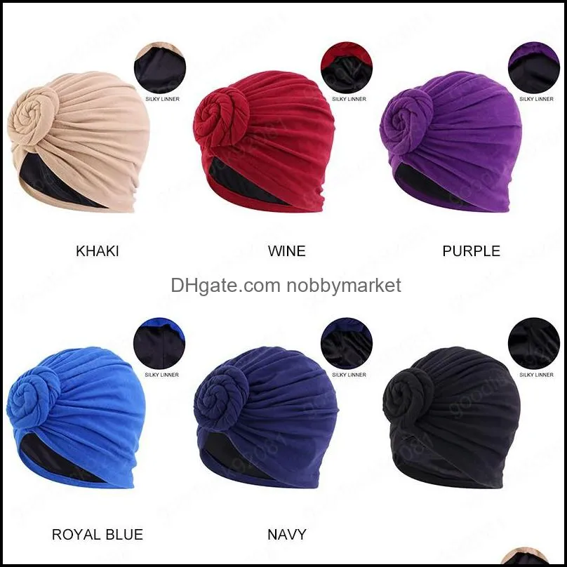 Beanie/Skl Caps Cappelli Cappelli, sciarpe Guanti Fashion Aessories Cappello musulmano annodato con turbante con fodera in raso di seta Hijab Foulard Headwra