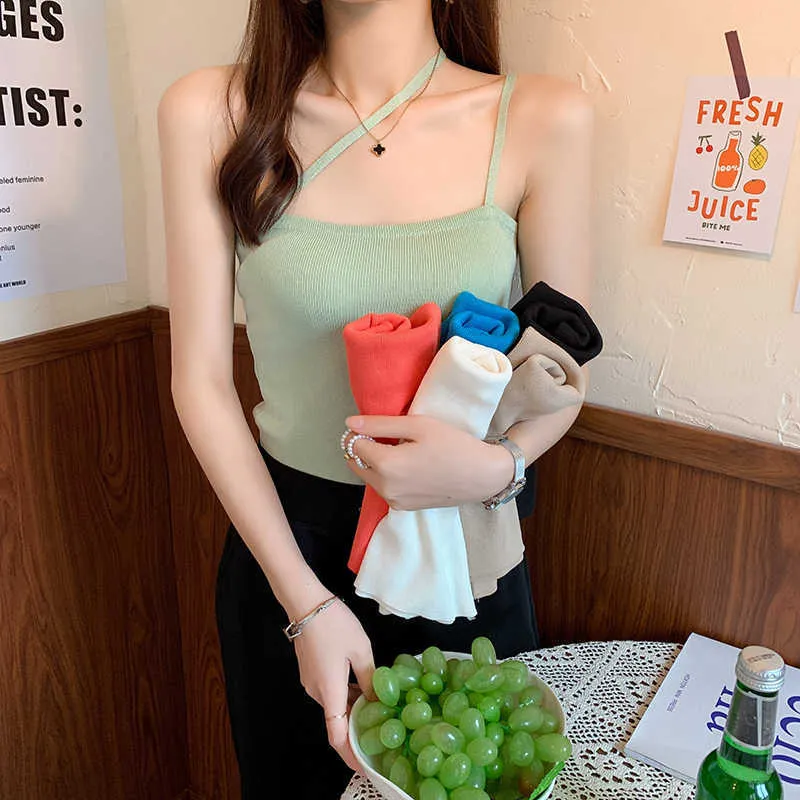 Summer Fashion Sleeveless Sweater for Women Knitted Camisole Vest with Oblique Shoulder Strap Elegant Female Solid Woman Tops 210604