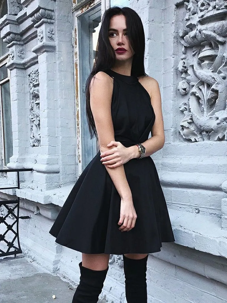 Elegant Black A Line Short Graduation Dress O Neck, Sleeveless