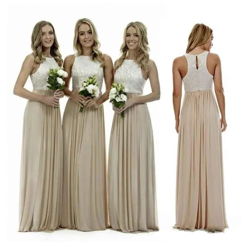 2021 Sexy Champagne Bruidsmeisjes Jurken Kant Top Chiffon Sleevels Strand Bruidsmeisjes Jurk Bruiloft Gastenjurken Country Maid of Honour Jurk