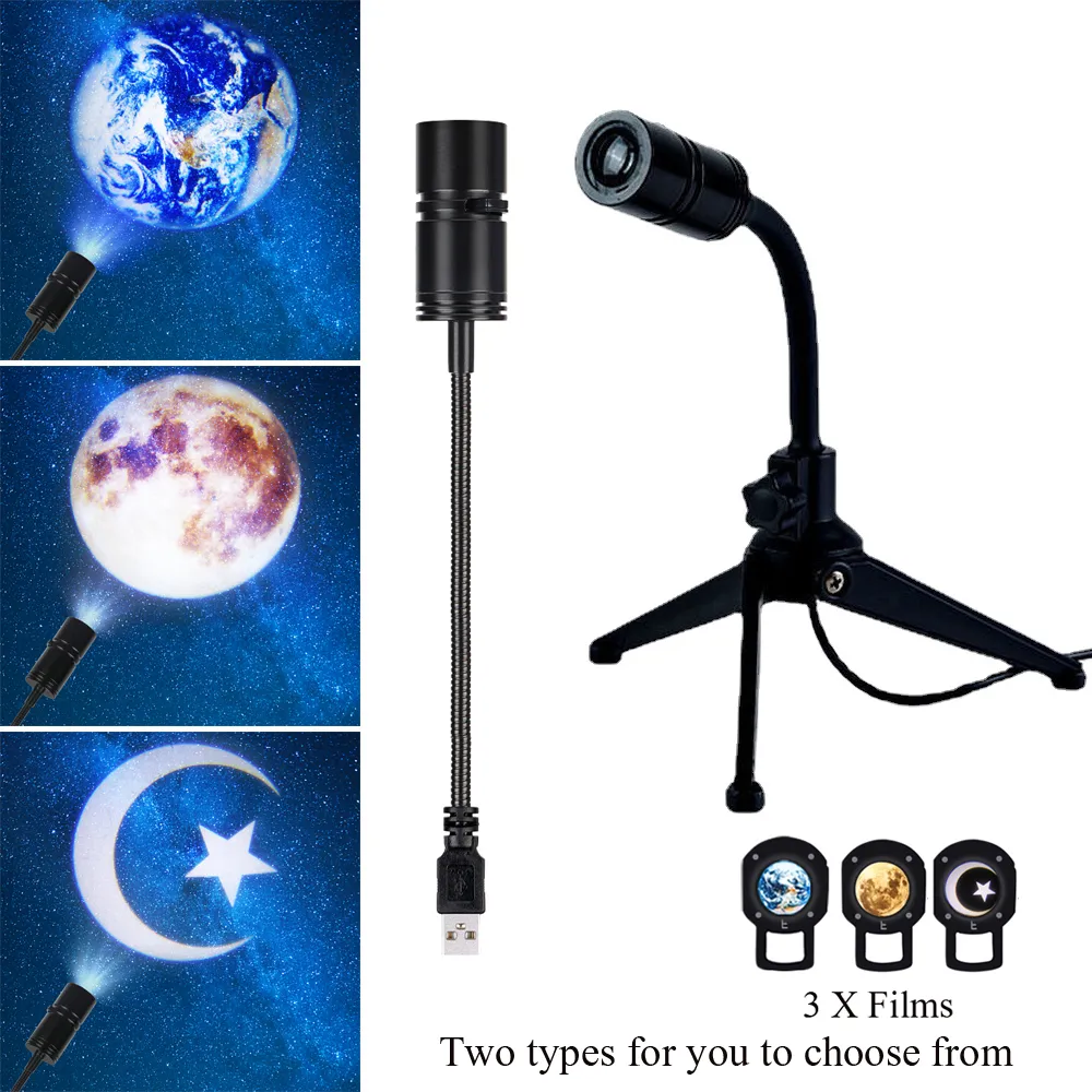 Sky Projector Night Light Planet Magic Star Moon Earth Projection LED Lamp 360° Rotatable Tripod USB 5V 3W Kids Bedroom Wall Decor Lighting