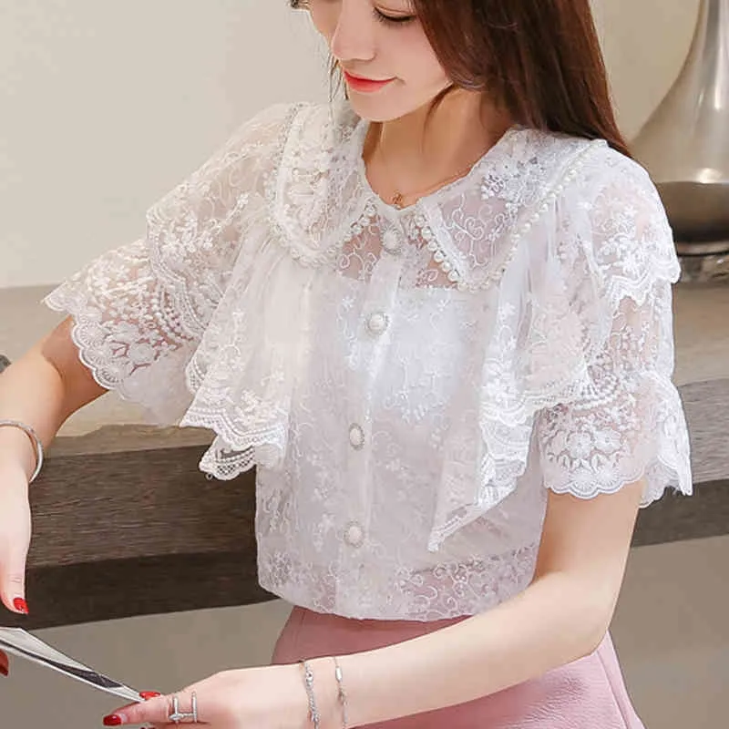 Ruffle Lace Summer Spring White Chiffon Blouses Shirt Short Sleeve Female Elegant Women Clothing 191E 210420
