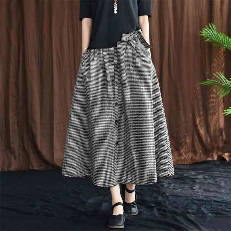 Arrival Spring Arts Style Kobiety Wysoka Talia Slim Bawełniana Pościel Plaid Long Spódnica All-Dusted Casual Loose A-Line S595 210512