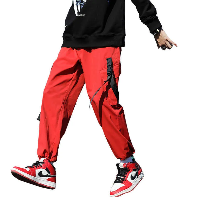 赤いストリートウェアリボンカジュアルパンツ男性スリムメンズジョガーズパンツサイドポケットコットンマンズボンX0723