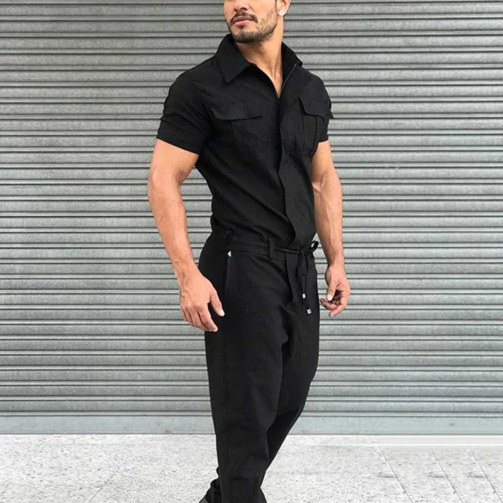 Jumpsuit Men Overalls Casual Fashion Work Wear Men Stylish Short Sleeve Pockets Drawstring Zip Jumpsuit Coverall Work Clothes X0612416