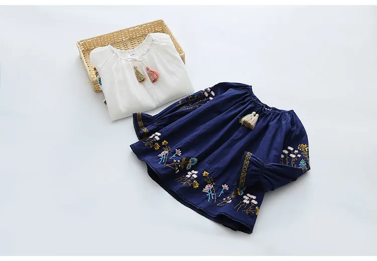  Spring Attumn 2-10T Children Clothing Navy Blue White Long Flare Trumpet Sleeve Tops Baby Kids Girls Tassels Blouses Shirt (11)