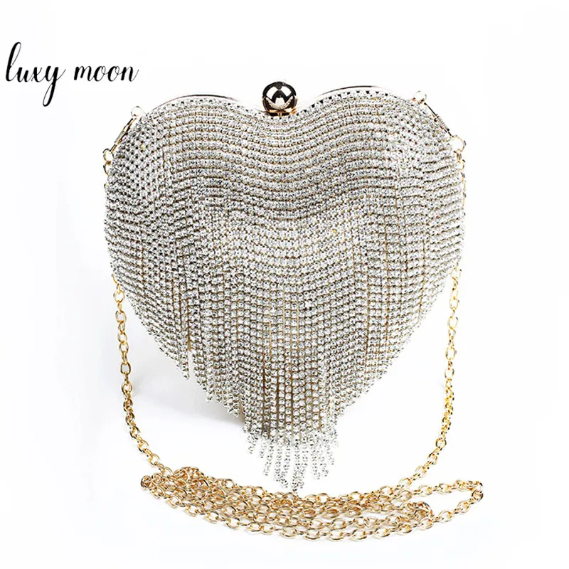 Kopplingsväska Bröllop Silver Heart Shaped Gold Bridal Purse Luxury Crystal Rhinestone Tassel Evening Crossbody ZD2132