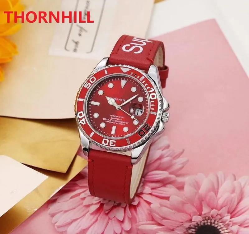 Atmosfera classica donna uomo orologi cinturino in pelle rosso rosa blu fascia alta moda di lusso quadrante nero orologio da uomo calendario